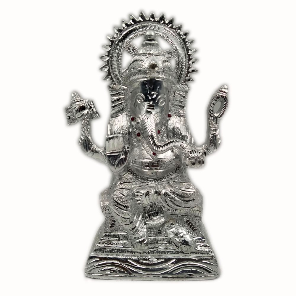 H 11.25" White Metal Sitting Ganesh Murti Online Booking